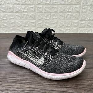 Nike Free RN Fly-Knit Running Shoe WMN 7 Black White Pink Lace-Up Sneaker Sporty